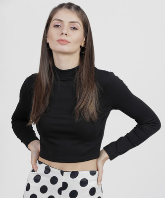 Tokyo Talkies Casual 3/4 Sleeve Solid Women Black Top