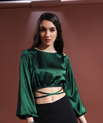 Tokyo Talkies Party Solid Women Dark Green Top
