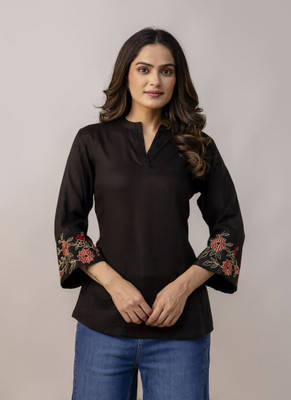 Rangrekha Creations Casual Embroidered, Floral Print Women Black Top