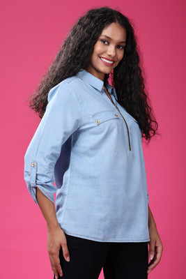 Feyona Casual Solid Women Light Blue Top