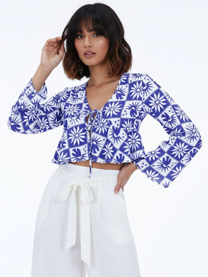 Glitchez Casual Printed Women Blue, White Top