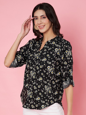 ANVI Be Yourself Casual Floral Print Women Black Top