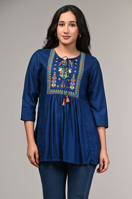 Gauri Creation Casual Embroidered Women Blue Top