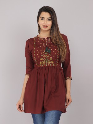 nagma Casual Embroidered Women Maroon Top