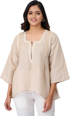 Maba Casual Embroidered Women Beige Top