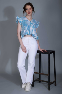 Leriya Fashion Casual Striped Women Blue Top