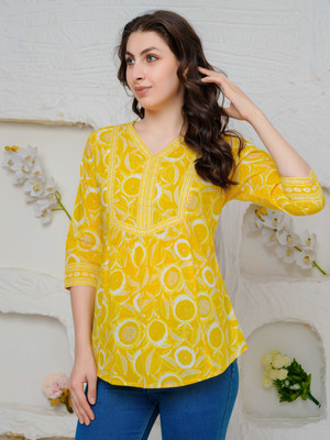 Threadflix Casual Floral Print Women Yellow Top