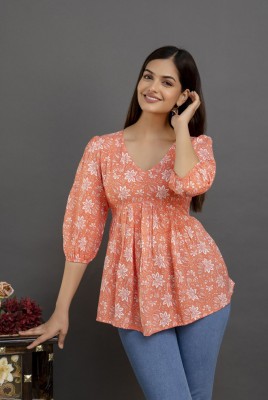 harshwal clothing Casual Printed Women Orange Top