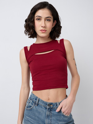 SZN Casual Solid Women Maroon Top