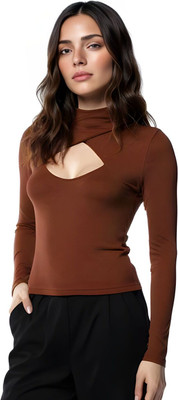 Glitchez Casual Solid Women Brown Top