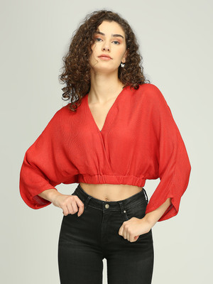 IZEL Casual Solid Women Red Top