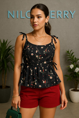 HouseOfCommon Party Printed Women Black Top