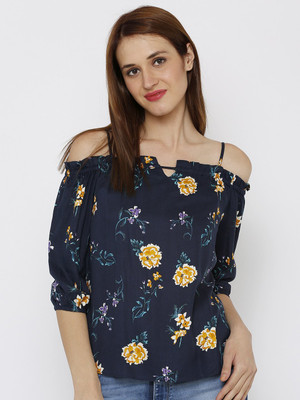 Kraus Jeans Casual Floral Print Women Blue Top