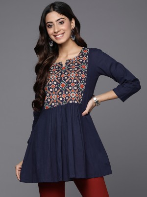 Indo Era Casual Embroidered Women Dark Blue Top