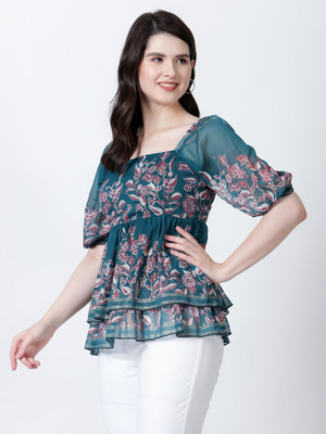 DRAPE AND DAZZLE Party Printed Women Green Top