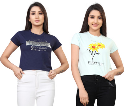Tween Trends Casual Graphic Print Women Dark Blue, Light Blue Top