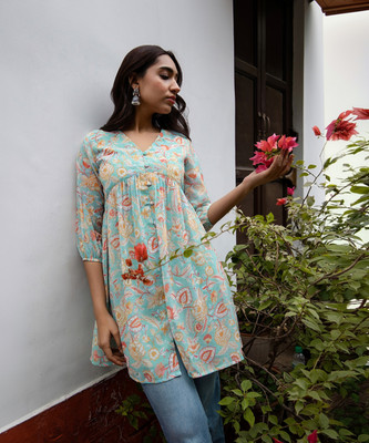 Janasya Casual Printed Women Blue Top