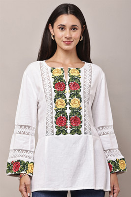 FIRE FIGURE Casual Embroidered, Geometric Print Women White Top