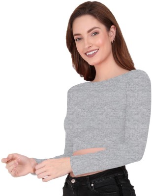 THE BLAZZE Casual 3/4 Sleeve Solid Women Grey Top