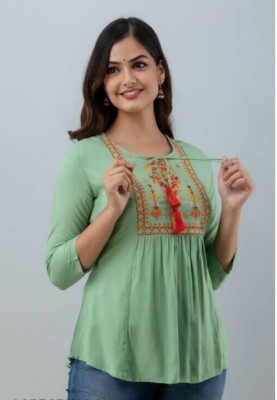 Rajsang Casual Embroidered Women Light Green Top