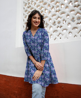 Janasya Casual Printed, Floral Print Women Blue Top
