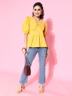 ATHENA Casual Solid Women Yellow Top