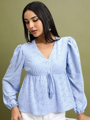 Tokyo Talkies Casual Solid Women Light Blue Top
