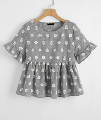 Dream Beauty Fashion Casual Checkered, Printed Women White, Grey, Black Top