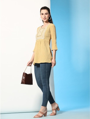 Glomee Casual Embroidered Women Yellow Top