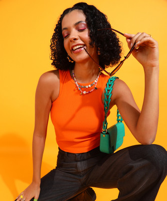 POPWINGS Casual Self Design Women Orange Top