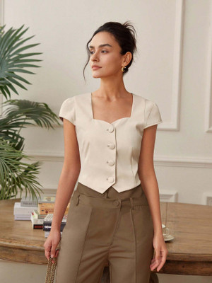 OUTZIDR Casual Solid Women Beige Top