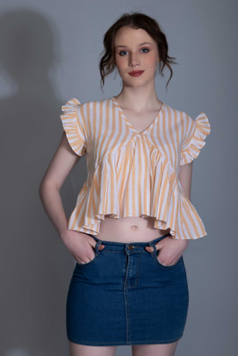 Leriya Fashion Casual Striped Women Yellow Top
