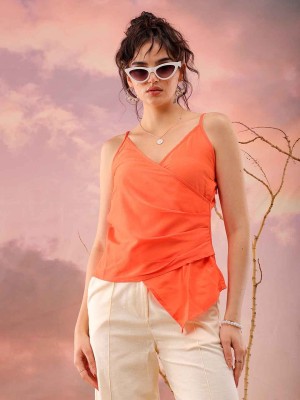 Freehand Casual Self Design Women Orange Top