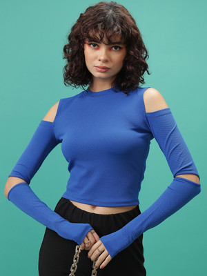 Tokyo Talkies Casual Solid Women Dark Blue Top
