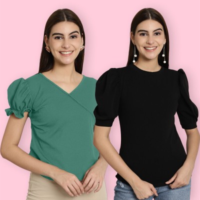 Tromko Casual Solid Women Green, Black Top