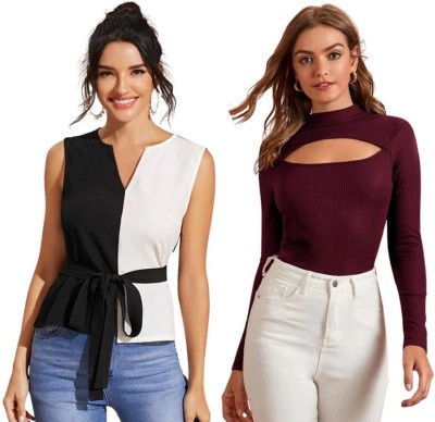 TRACEY Casual Solid Women White, Black, Maroon Top