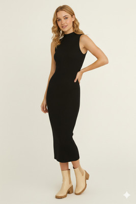 Kavya Fashion Hub Women Bodycon Black Midi/Calf Length Dress