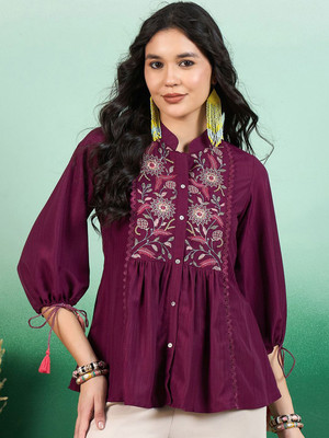 Sangria Casual Embroidered Women Yellow Top