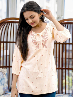 RR SA KURTIS Party Embroidered Women Beige Top