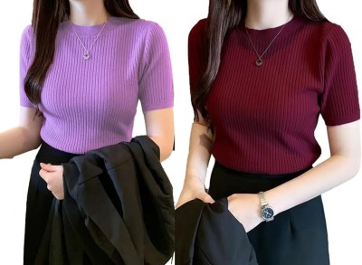 Findx Formal Solid Women Maroon, Purple Top