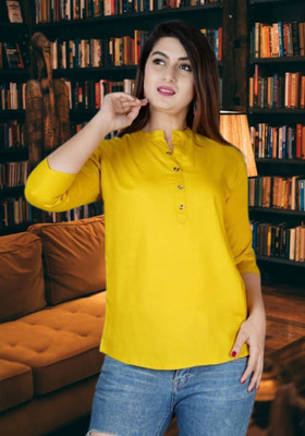 Moda Casa Casual Solid Women Yellow Top