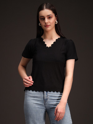 Emeros Casual Laser Cut, Solid, Self Design Women Black Top