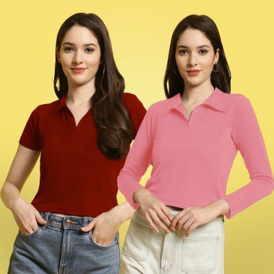 Fabflee Casual Solid Women Maroon, Pink Top