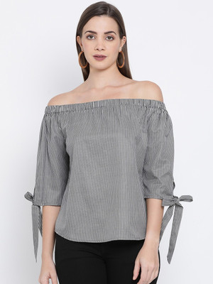 THE STYLE IVY Casual 3/4 Sleeve Striped Women Grey Top