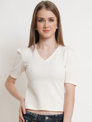 POPWINGS Casual Solid Women White Top