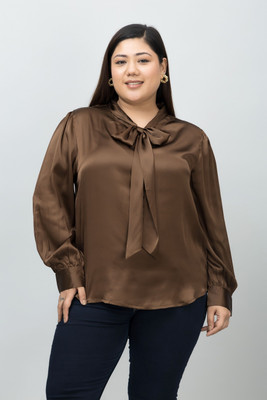 PURYS Casual Solid Women Brown Top
