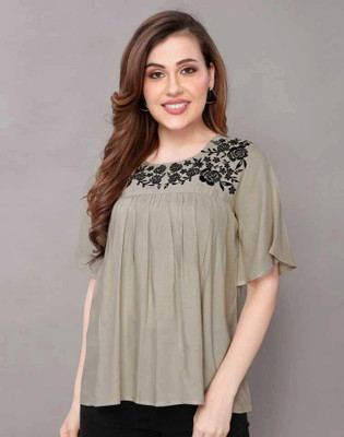 GURMEET FASHION Casual 3/4 Sleeve Embroidered Women Grey Top