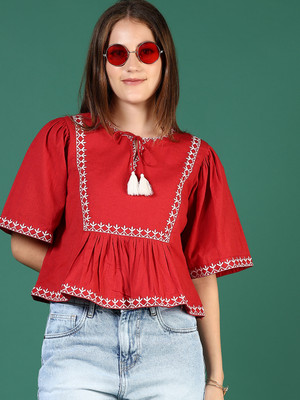 V-MART Casual Self Design Women Red Top