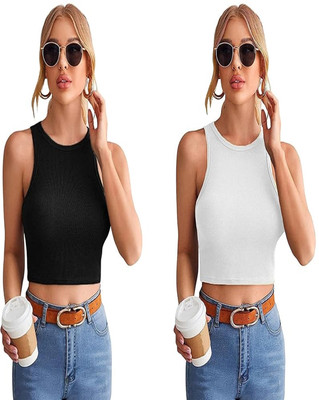 SriSaras Casual Solid Women Black, White Top