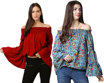 Oomph! Party Printed, Solid Women Multicolor Top
